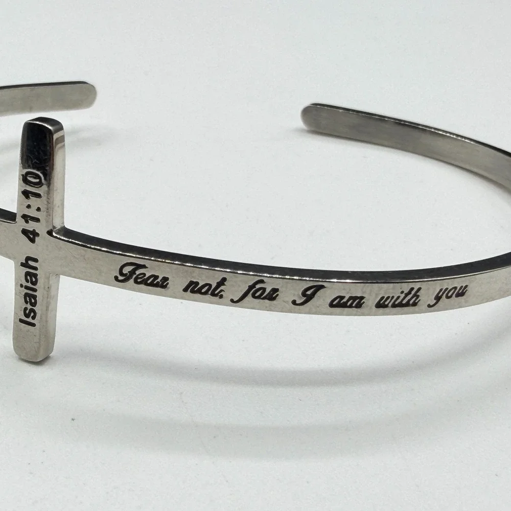 Silver Tone Isaiah 41:10 Cross Cuff Bracelet Christian Faith Inspirational Gift
